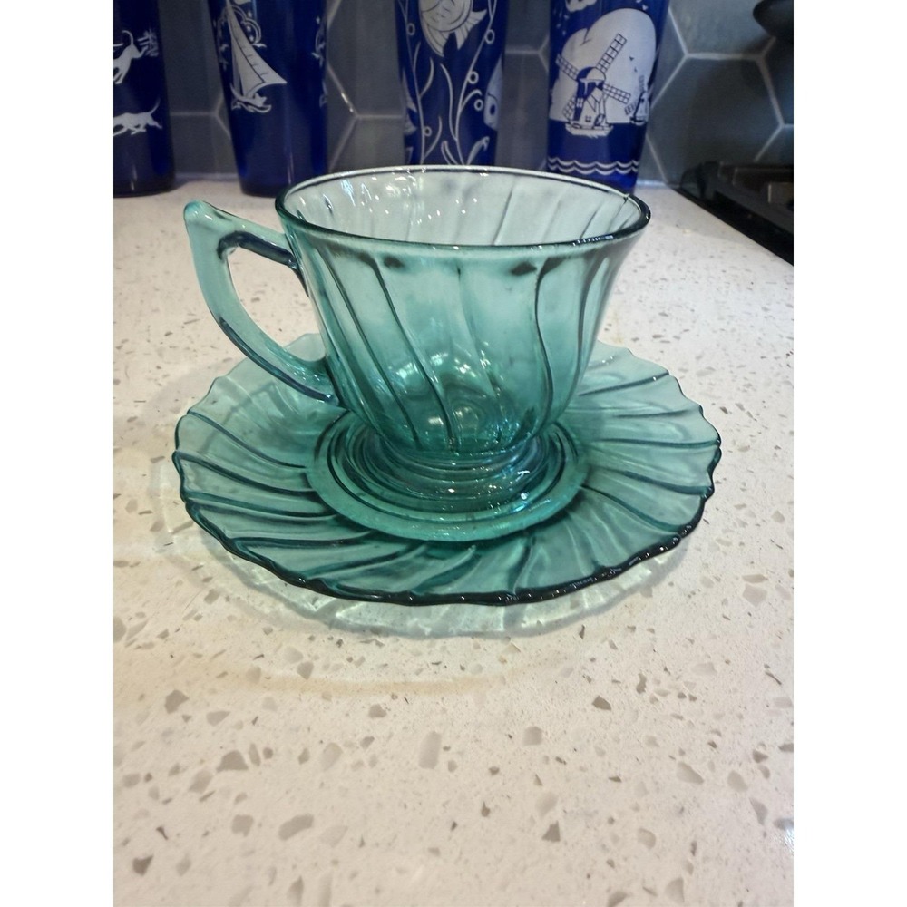 Jeannette Swirl Ultramarine Teal Tea Cup And Saucer Mid Century Depression Glass